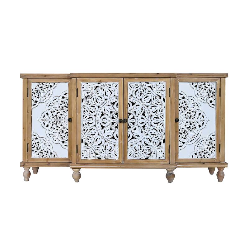 4-Door Hollow-Carved Accent Cabinet, Distressed Wood Storage Cabinet Cupboard with adjustable shelves,unique design