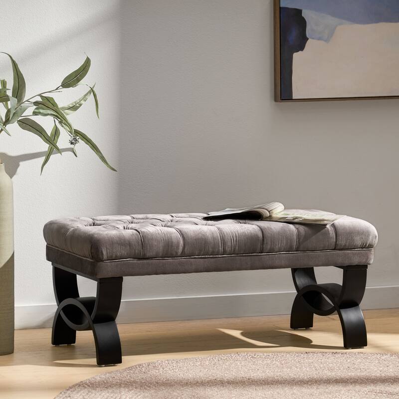 Roomfitters Upholstered Tufted Entryway Bench with Curved Wood Legs, Elegant Seating for Living Room or Bedroom
