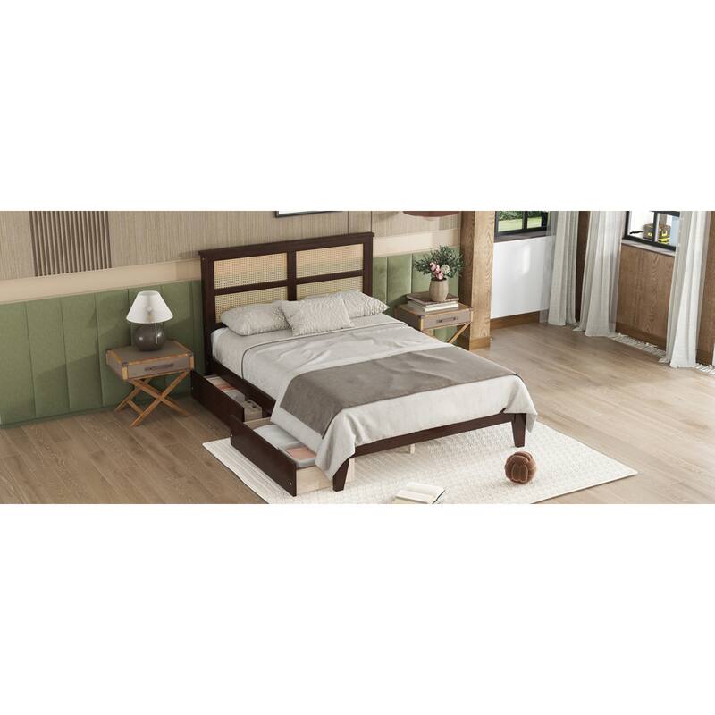 Roomfitters Full Rubber Wood Bed with Rattan Headboard, Underbed Storage Design, Reinforced Slats and Support Feet
