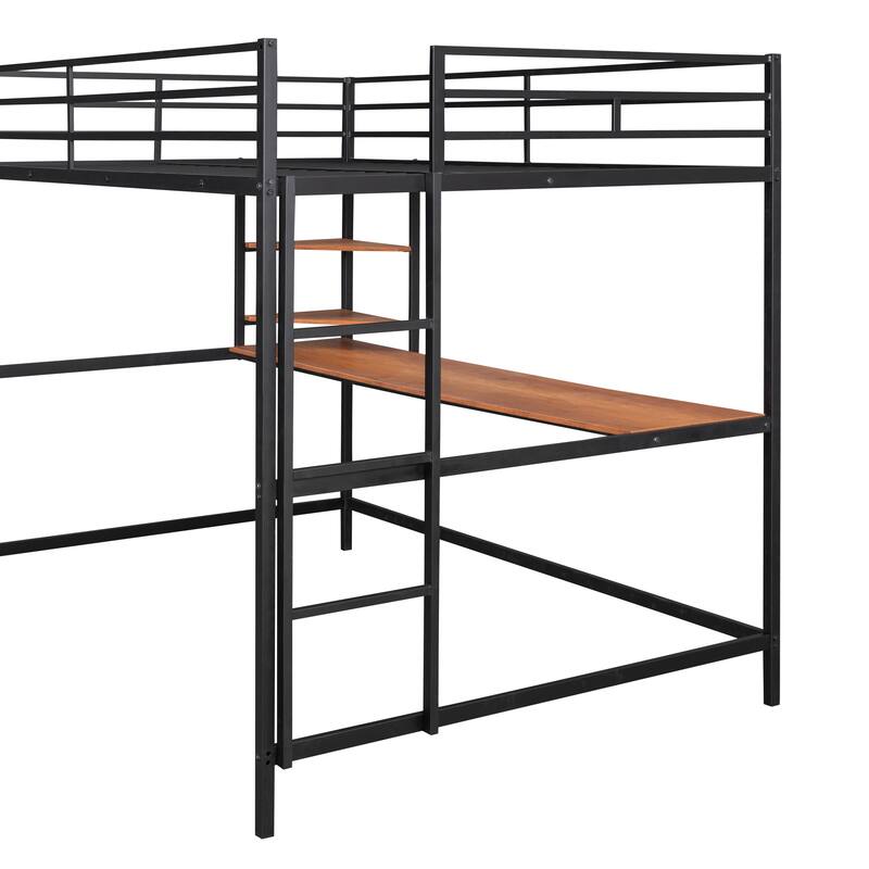 Sturdy Twin/Full Size Metal Loft Bed with Integrated Desk & Shelves, Modern Design