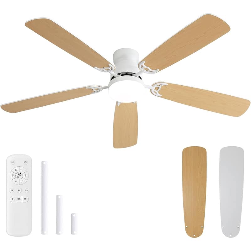 52 Inch Flush Mount & Downrod Ceiling Fan With Light and Remote Modern Ceiling Fan Bedroom - N/A - White