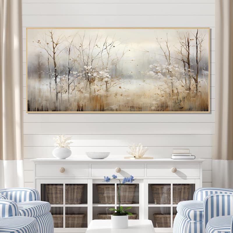 Designart "Winter Meadow View Calmness II" Meadow Grey Wall Decor - Traditional Bedroom Framed Canvas Wall Art - 60 in. wide x 28 in. high - Maple