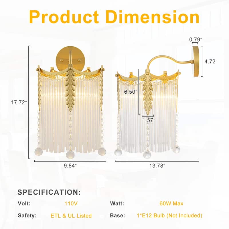 Crystal Wall Sconce Leaf Accents Clear Glass Rod Hanging Crystal Balls