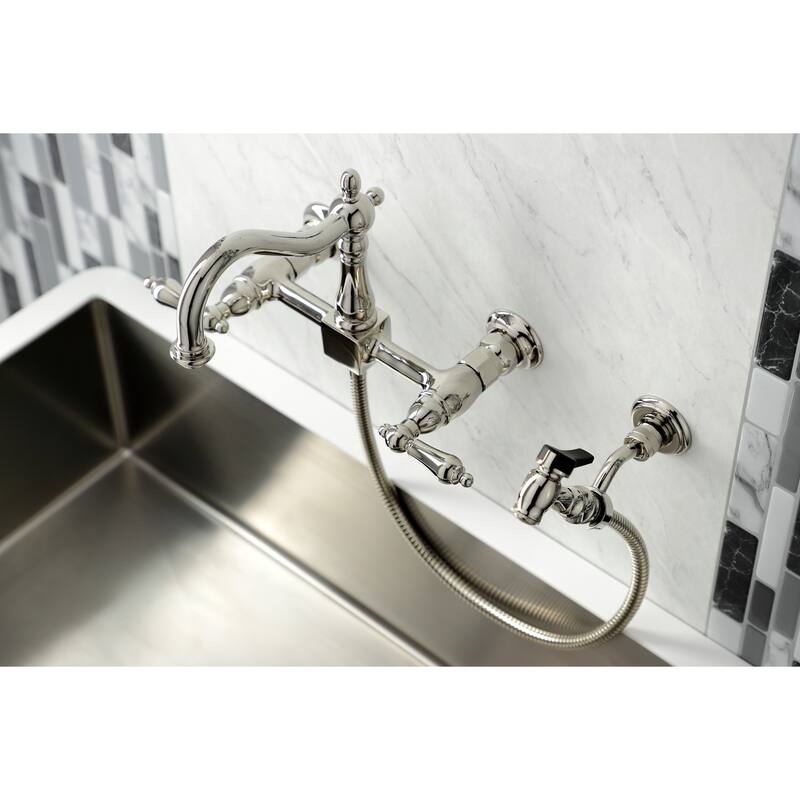 Kingston Brass Heritage Wall Mount Bridge Kitchen Faucet with Brass Sprayer