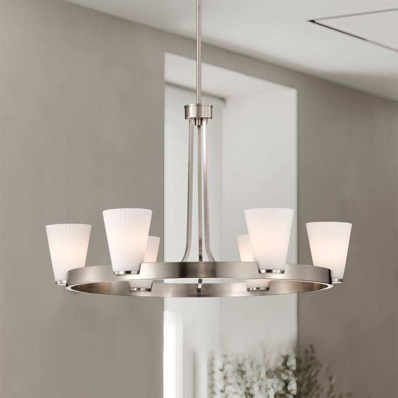 Royale 6 Light Chandelier Brushed Nickel Finish Ribbed White Glass - Brushed Nickel