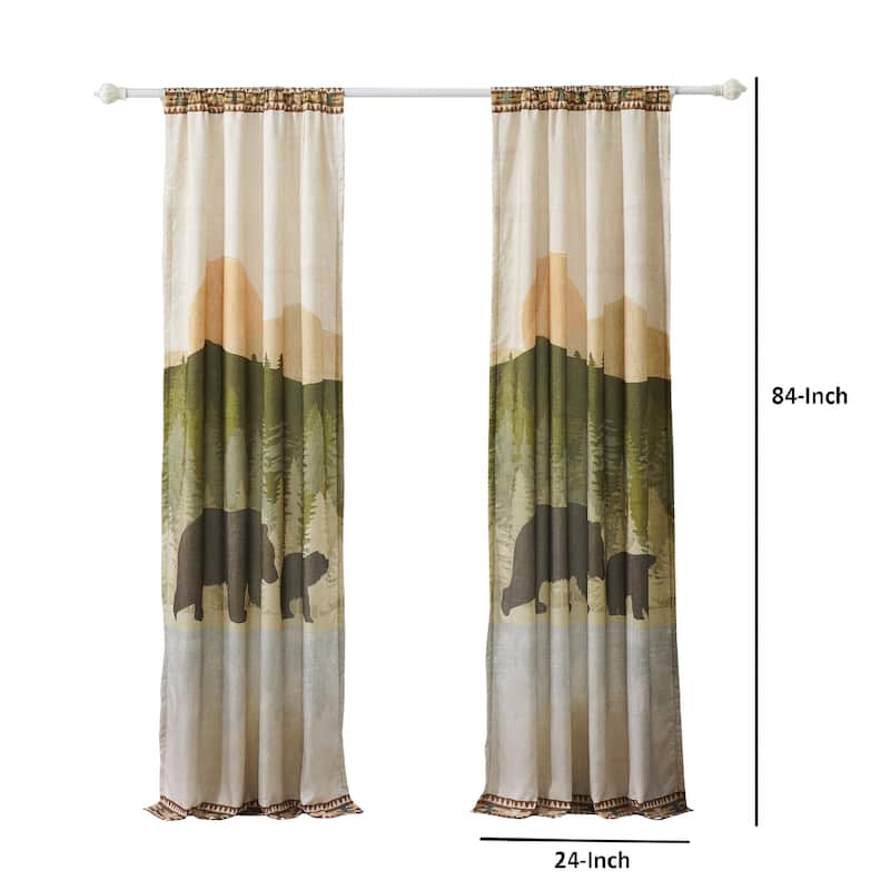 Kip 2 Panels Curtain Set, Microfiber, Green and Beige Mountain Scenery