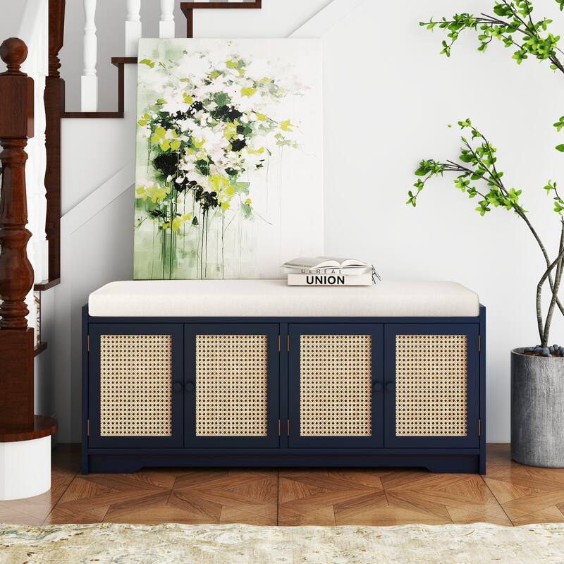 Upholstered Storage Bench with Cabinet Rattan Style Wood Cabinet - Navy