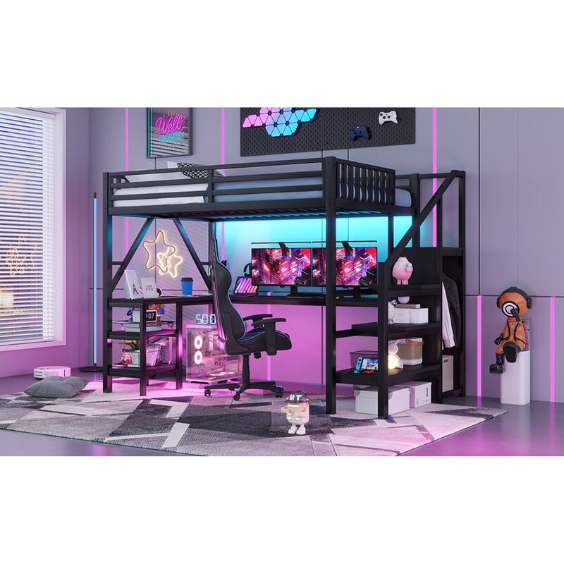 Roomfitters Full/Queen Loft Platform Bed, L-Shaped Desk and LED Wardrobe with Metal Frame for Bedroom or Guest Room