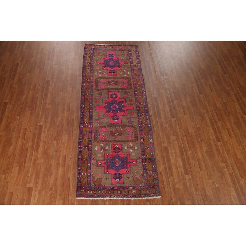 Handmade Ardebil Persian Vintage Runner Rug Geometric Wool Carpet - 3'11" x 10'7"