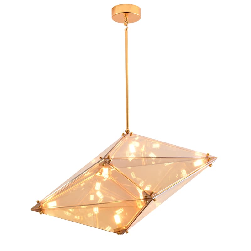 30" Gold Metal Chandelier With An amber Glass Shade - Gold