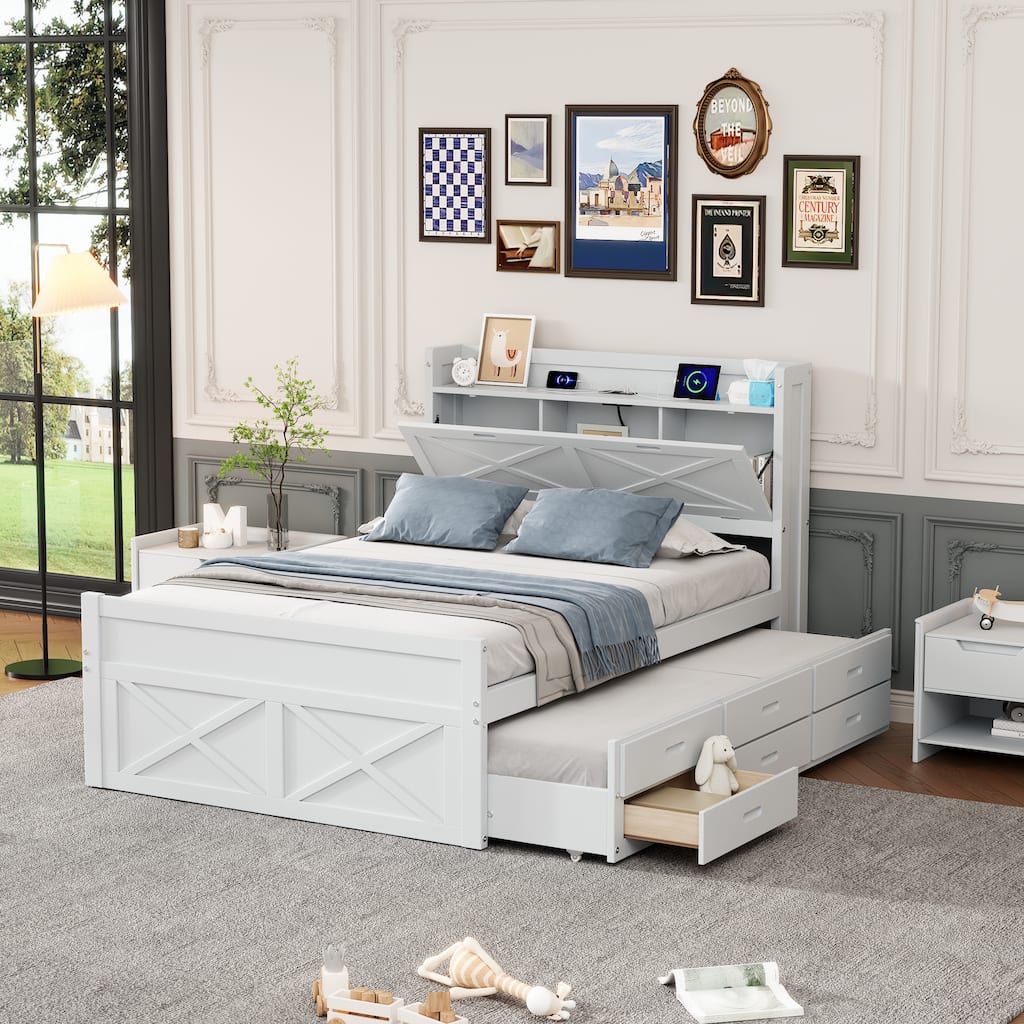 Full Size Wooden Bed with Storage Headboard with Outlets, Extendable Bed with Twin Size Trundle with Three Storage Drawers,White