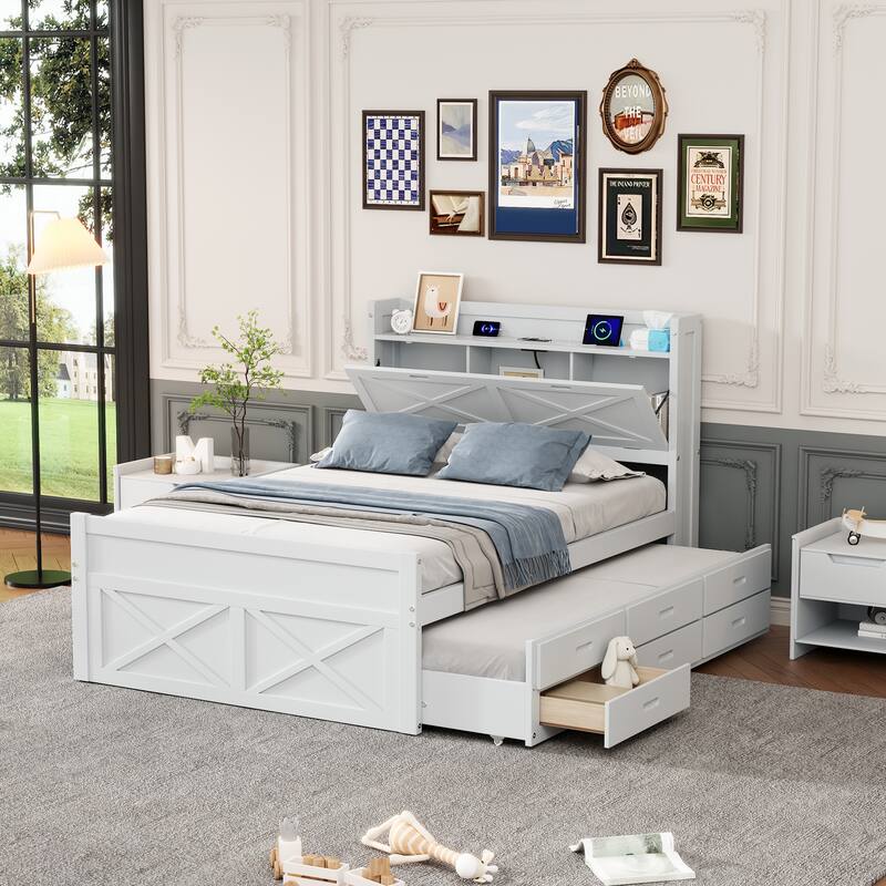 Space-Saving Twin/Full Extendable Bed with Trundle, Storage Headboard with Outlets, and Three Drawers - White - Full
