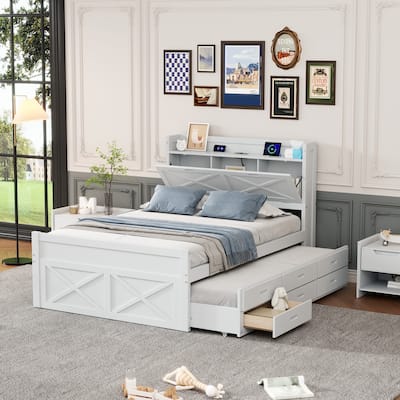 White Full Size Extendable Wooden Platform Bed with Storage Headboard, Three Drawers, and Trundle