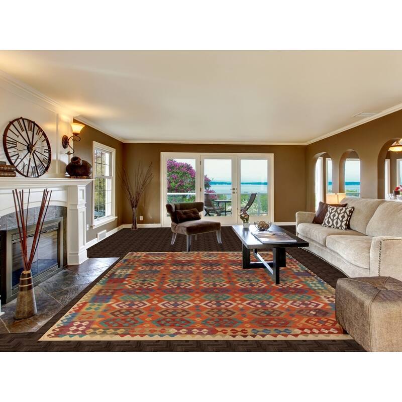 Orange Kilim Reversible Area Rug Hand-Woven Tribal Wool Carpet - 8'4"x 11'2"