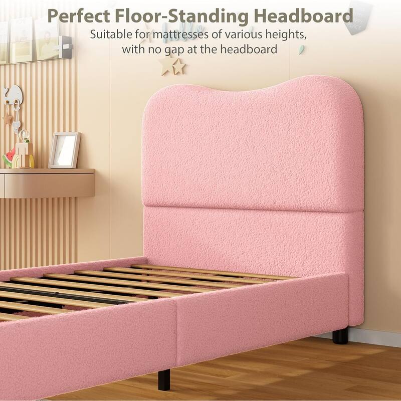 Upholstered Boucle Bed Frame with Headboard, No Box Spring Needed, Pink