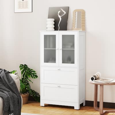 White Freestanding Floor Storage Cabinet with Glass Doors and 2 Drawers and Adjustable Shelf for Bathroom - 23.5" x 12" x 42.5"