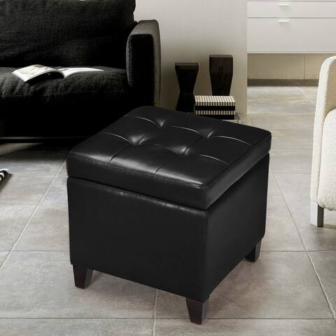 Adeco Bonded Leather Square Tufted Cubic Cube Footstool, 18" Height Storage Ottomans, With Lid