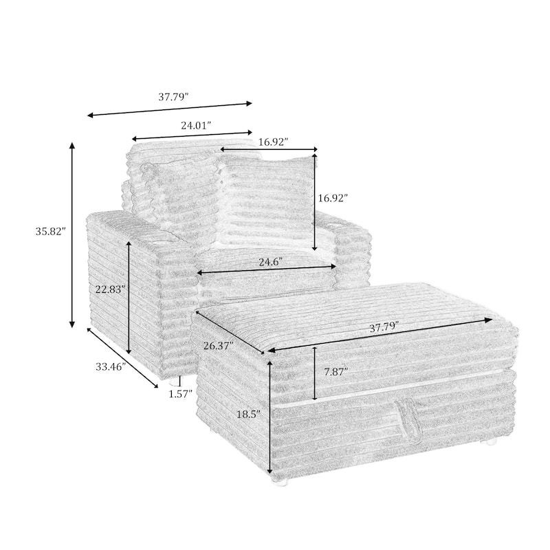 37" W Upholstered Chaise Lounge Accent Chair with Storage Ottoman