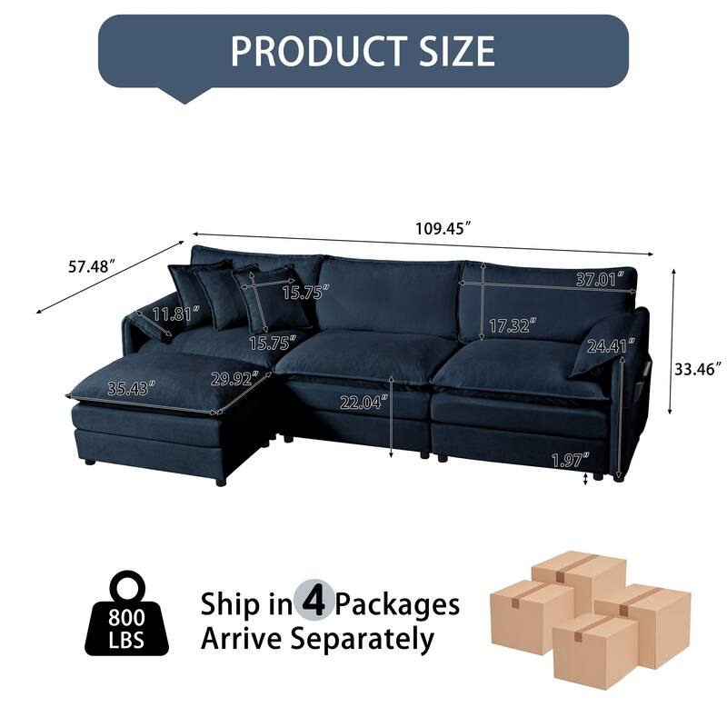 109.45" Chenille Upholstered L-Shaped Modular Sectional Sofa with Double-Layer Cushions, DIY Combination