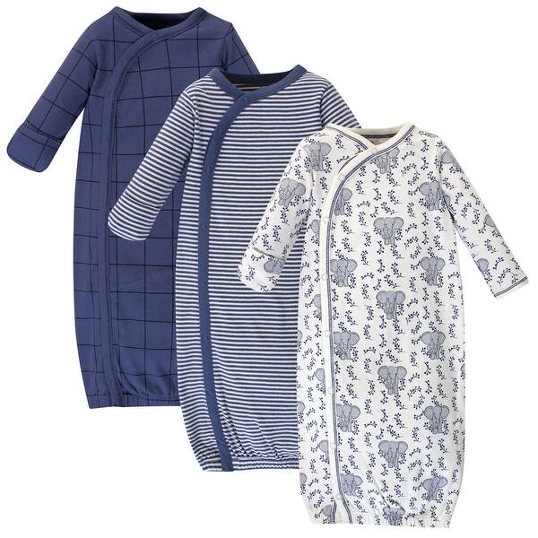slide 1 of 1, Touched by Nature Baby Organic Cotton Side-Closure Snap Long-Sleeve Gowns 3pk, Elephant 0-6 Months - Elephant