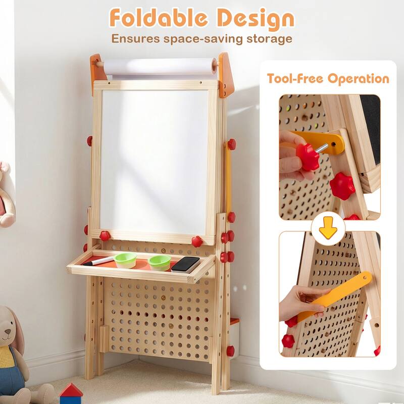 Gymax 4-in-1 Wooden Kids Art Easel w/Paper Roll Storage Tray & Marble