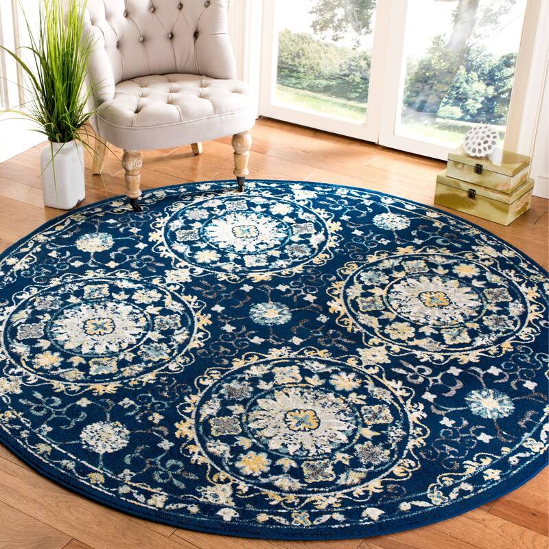 SAFAVIEH Evoke Annamari Distressed Vintage Boho Rug - 6'7" Round - Navy/Ivory