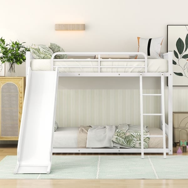 slide 2 of 10, Twin over Twin Metal Bunk Bed with Inclined Ladder and Slide, White White