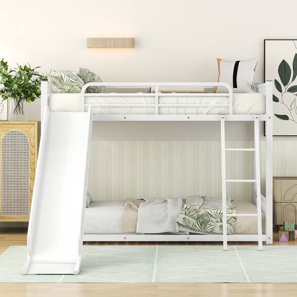 slide 2 of 20, Twin over Twin Metal Bunk Bed with Slide and Ladder and Safety Guardrail,Minimalist Style White