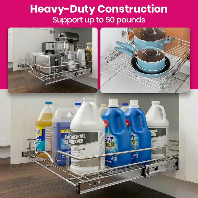 Pull Out Cabinet Drawer Organizer, Heavy Duty- Steel Metal- Chrome Finish