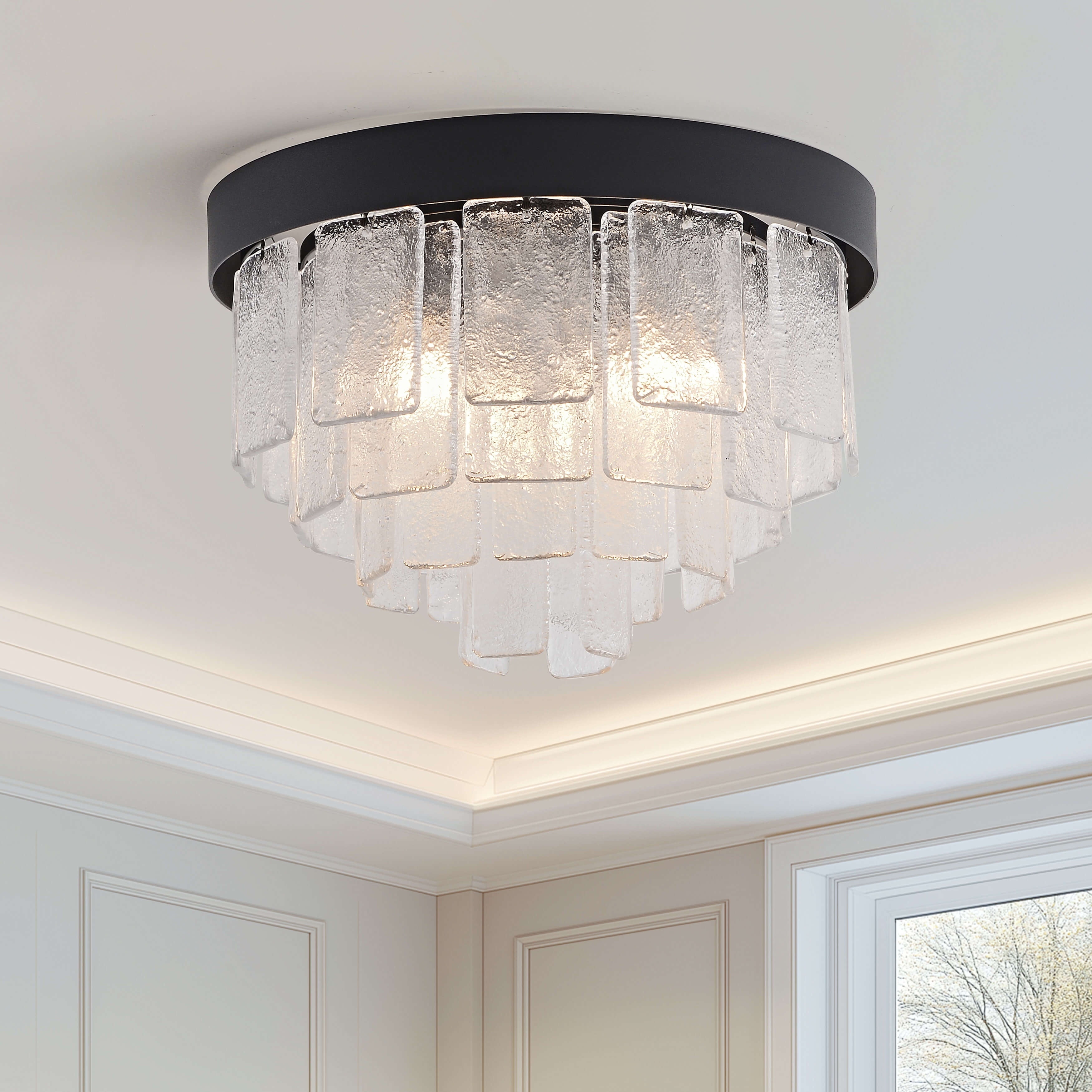 Audrey Matte Black 3-Light Tiered Clear Glass Panel Round Flush Mount