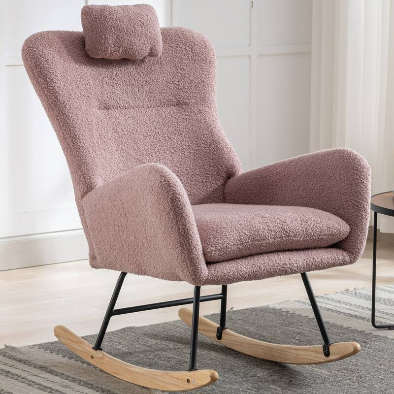Teddy Fabric Wingback Rocking Chair for Nursery with Safe Solid Wood Base