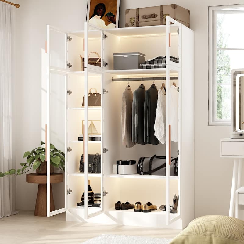 47.2" Wide Armoire LED Light All Glass Door Closet Cabinet Wardrobe