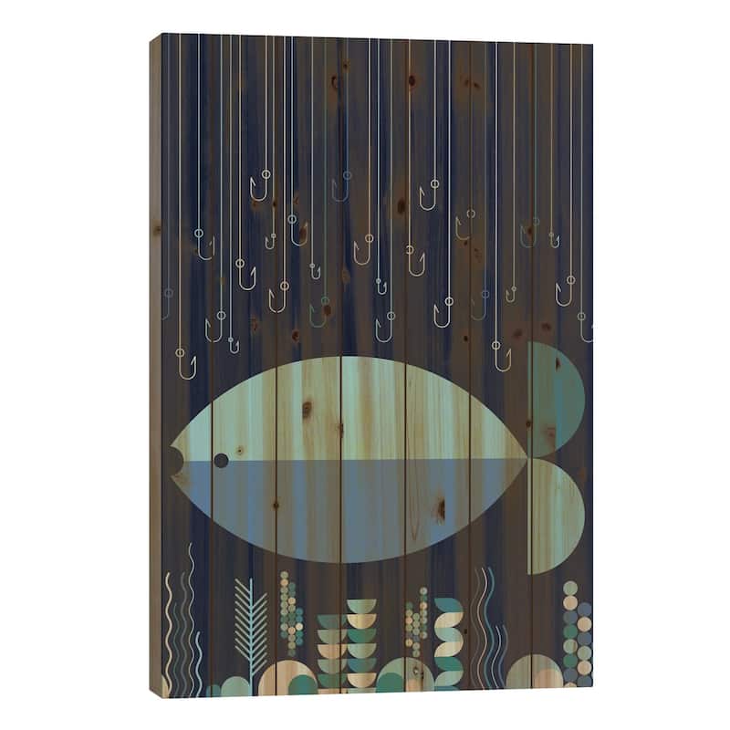Fish & Hooks Print On Wood by Greg Mably - Multi-Color - 26x18x1.5