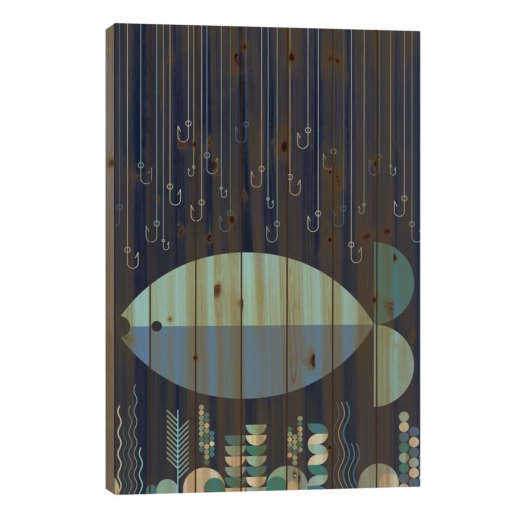 Fish & Hooks Print On Wood by Greg Mably - Multi-Color