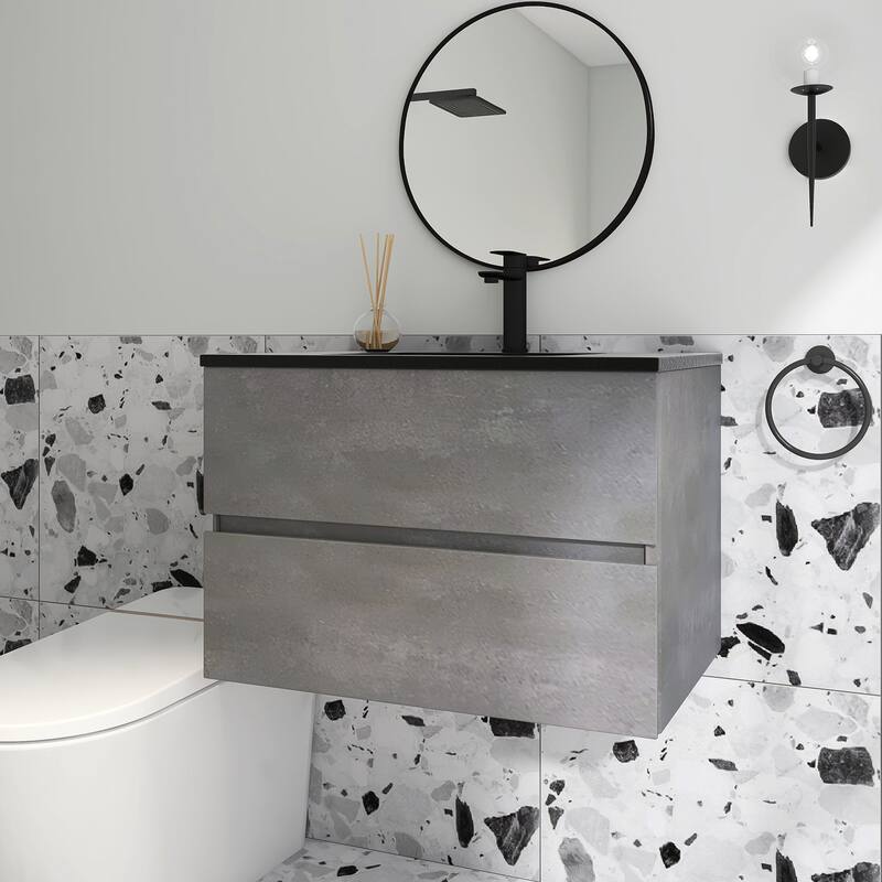 24 in./30 in./36 in. Wall-Mounted 2-drawer Bathroom Vanity Set in Cement Grey with Integrated Solid Surface Sink