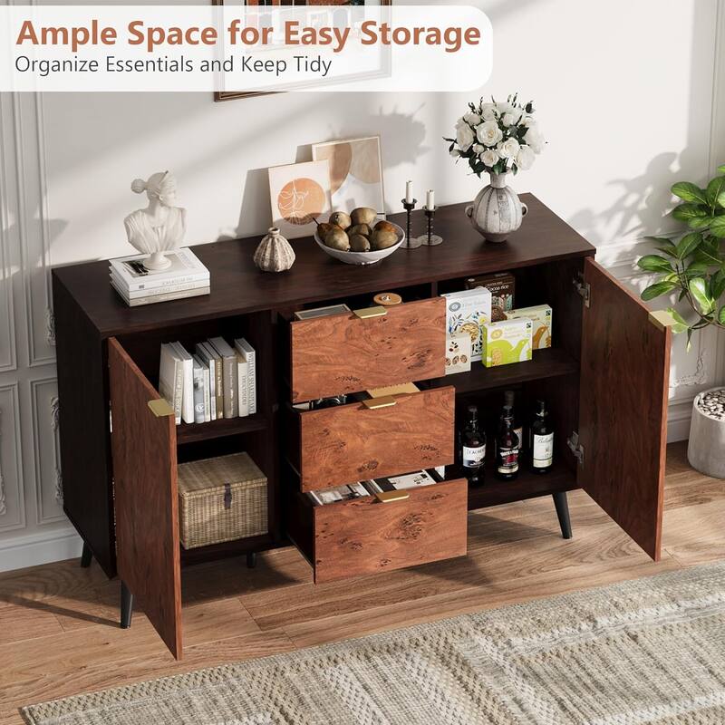 Sideboard Buffet Cabinet with 3 Drawers, Wooden Storage Cabinet with Burl Texture, Coffee Bar for Dining Room