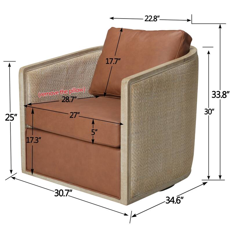 KINWELL 31"W Oak Frame Upholstered Swivel Barrel Armchair