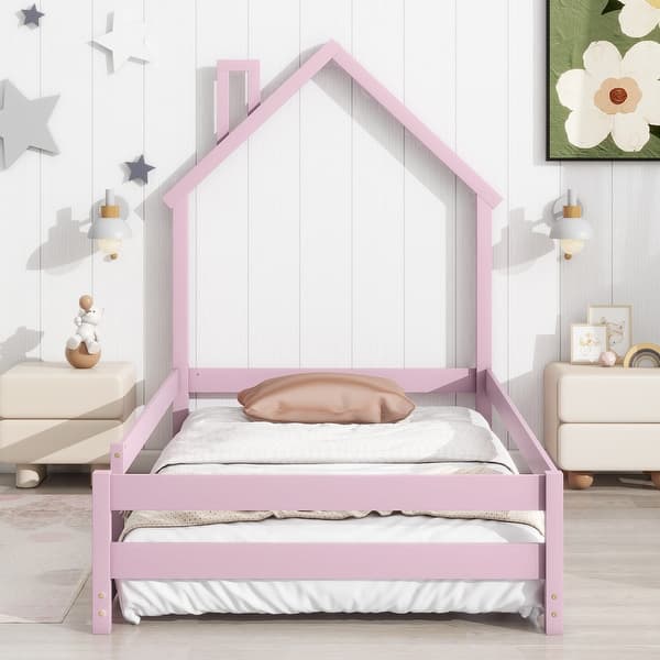 slide 2 of 9, Twin Size Montessori Floor Bed with Fences, Modern Twin Kids Bed with House-shaped Headboard, Wood Twin Bed Frame for Girls,Boys