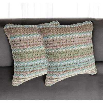 HomeRoots Set of Two 18" Beige Blue and Green Striped Cotton Blend Throw Pillows