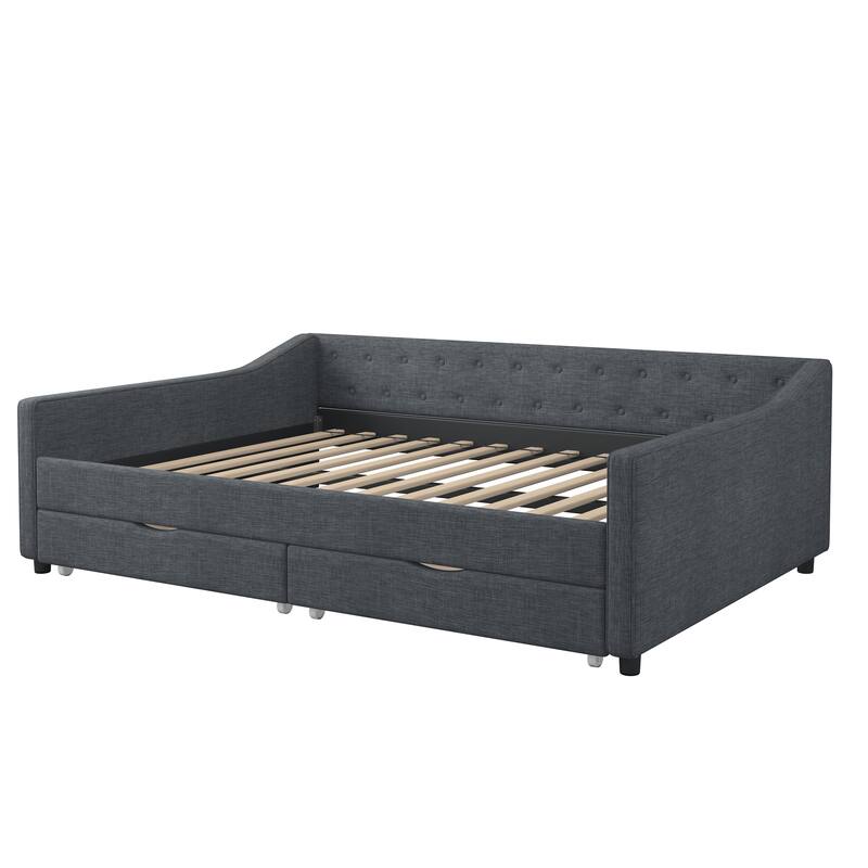 Full Size Upholstered Tufted Daybed with 2 Drawers and Button on Back