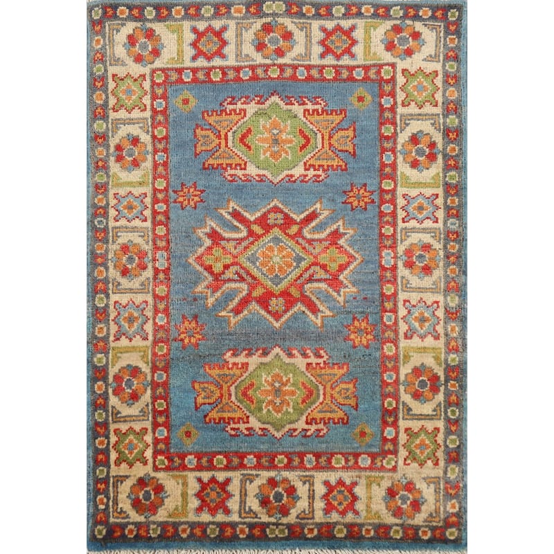 Blue Kazak Oriental Accent Rug Hand-Knotted Geometric Wool Carpet - 2'0" x 3'0"