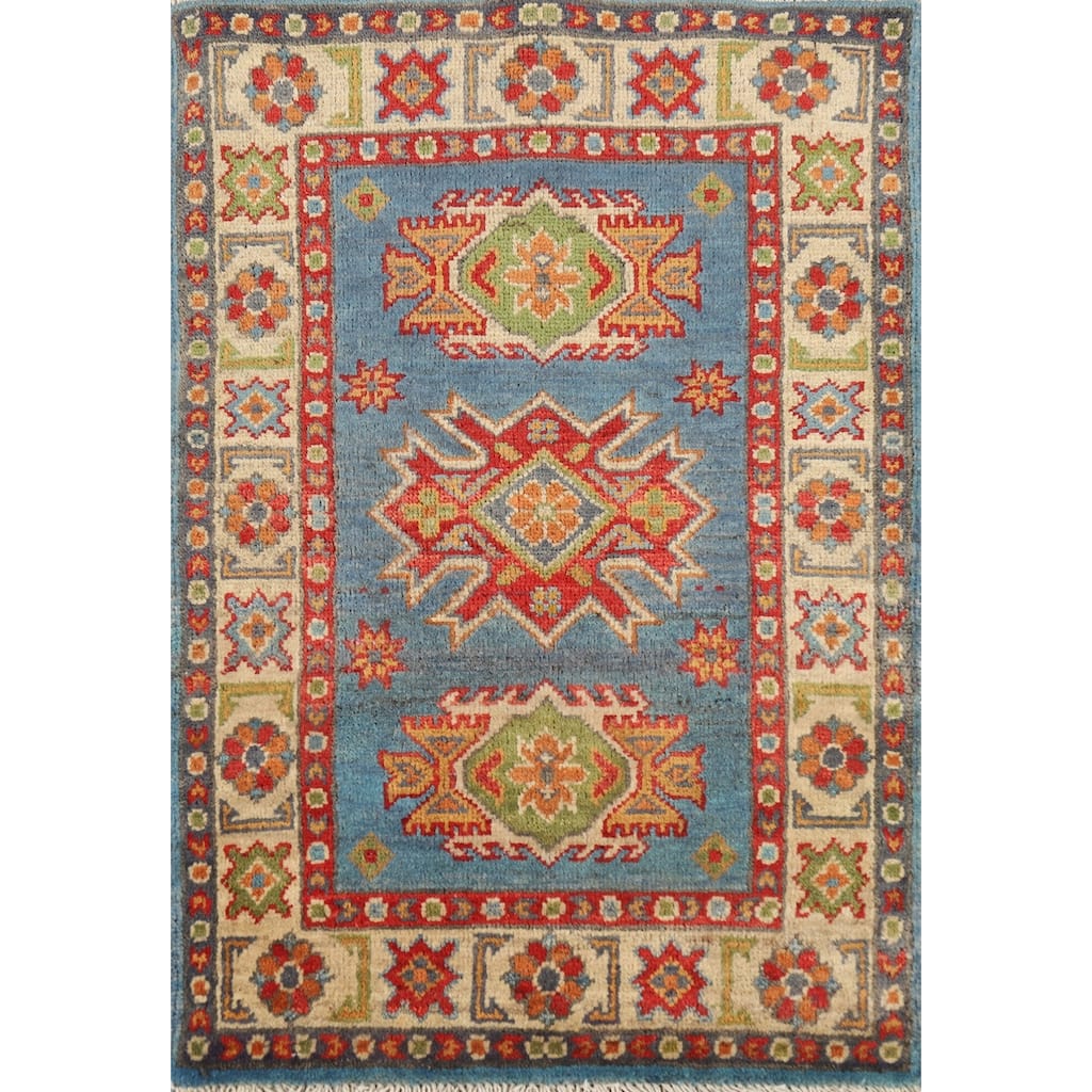 Blue Kazak Oriental Accent Rug Hand-Knotted Geometric Wool Carpet - 2'0" x 3'0"