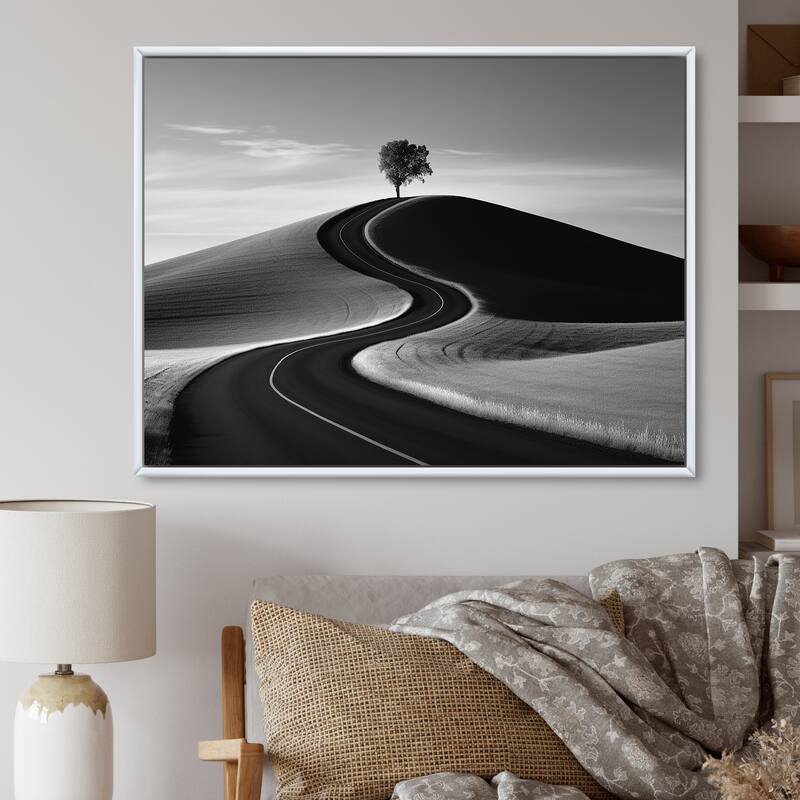 Designart "Black And White Road Photography II" Road Framed Canvas Art Print - 32 in. wide x 16 in. high - White
