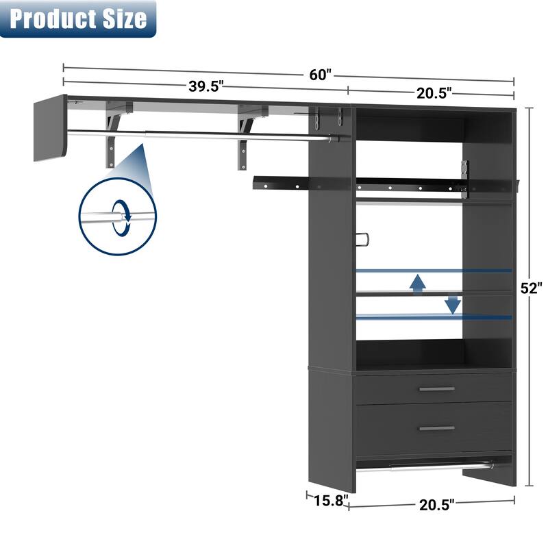 Rackcog Laundry Room Organizer with Drawers, Wall-mounted Closet System with Hanging Rods