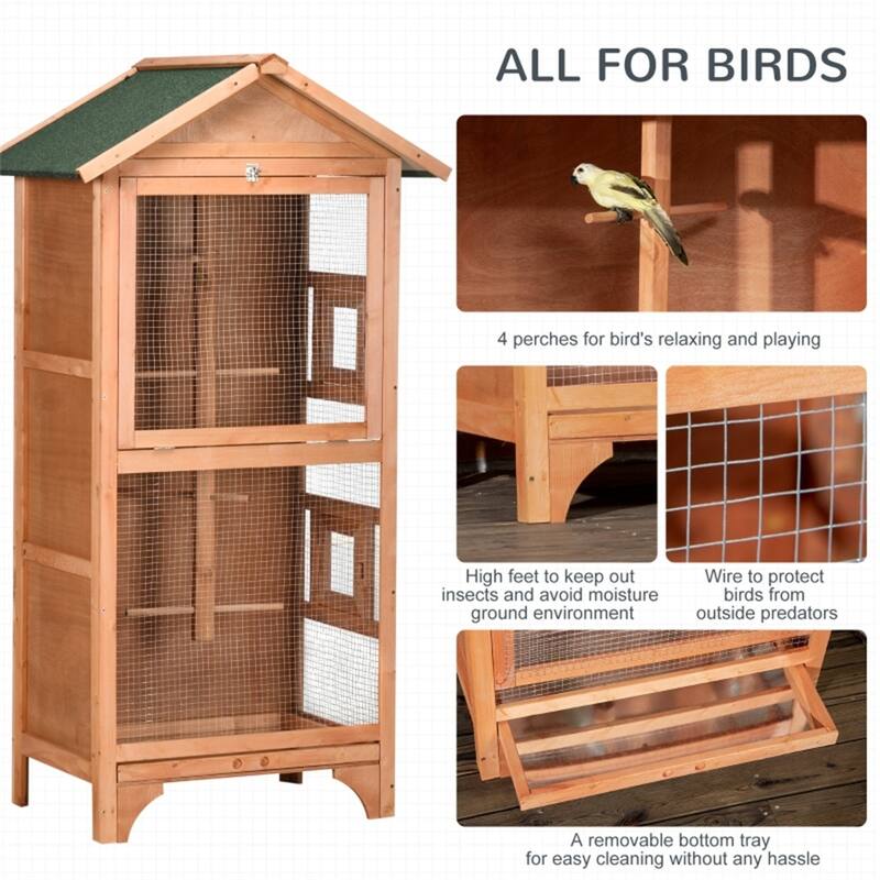 Outdoor Wooden Bird Aviary with Large Access Door Weather-Resistant Fir & Metal Wire, Removable Tray