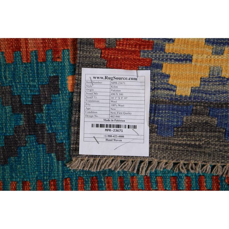 All-Over Geometric Kilim Large Rug Flatweave Oriental Wool Carpet - 9'10"x 16'1"