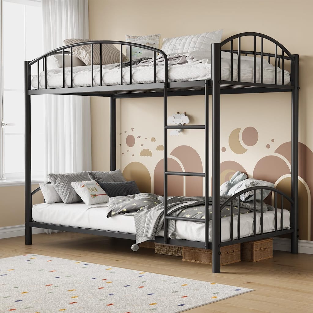 Metal Bunk Bed Twin Over Twin, with Arched Guardrail and Safety Ladder
