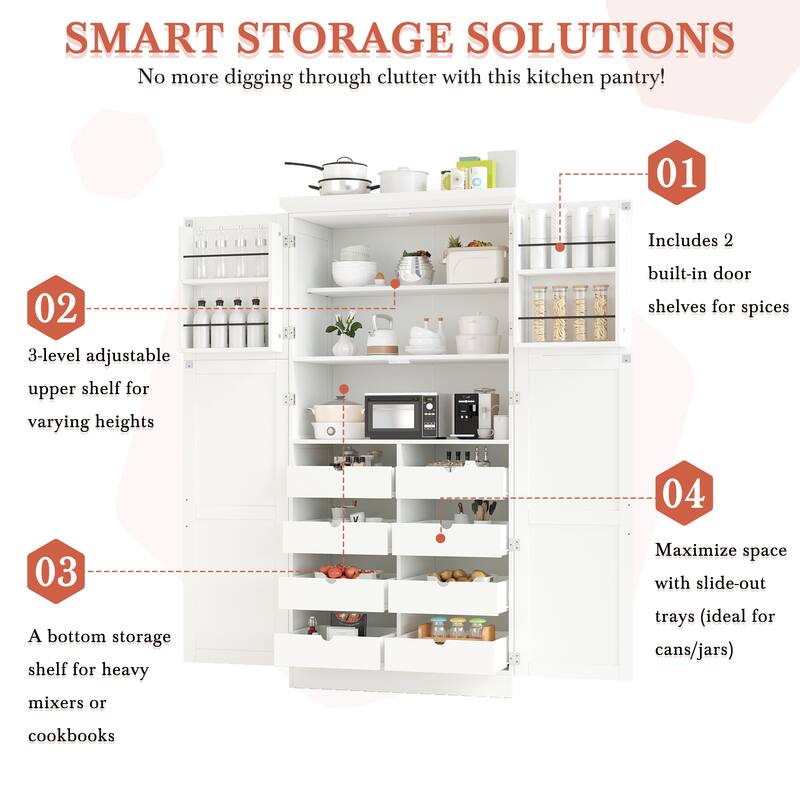 35.5 Inch Freestanding Kitchen Pantry Cabinet with 4 Doors, 8 Pull-Out Trays, Adjustable Shelves, Tall Dining Storage Organizer