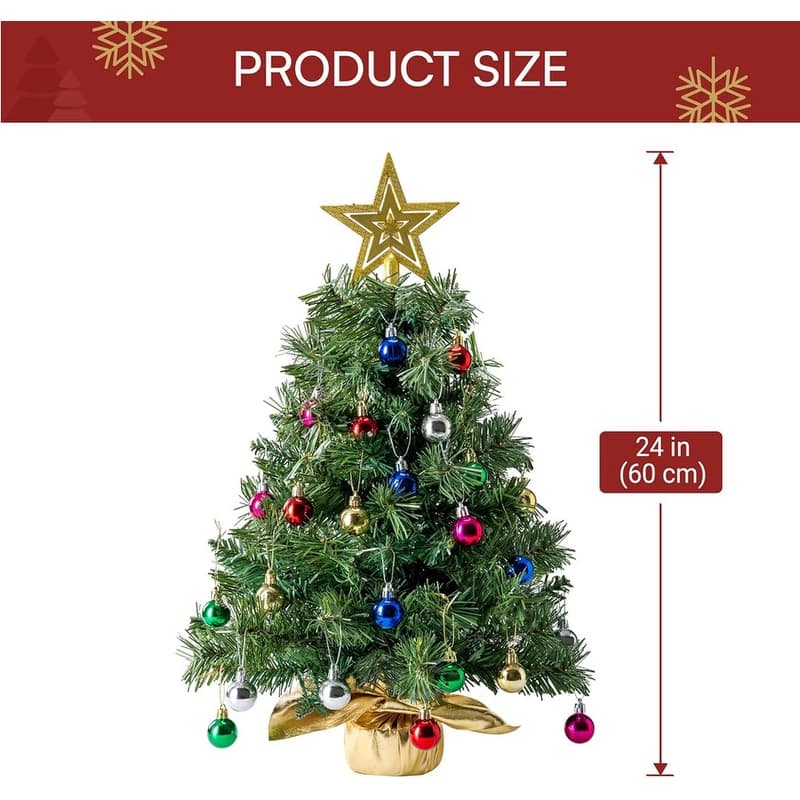 24"/2FT Small Christmas Tree with Lights, Pre-lit Artificial Xmas Tree Green LED Mini Tree for Christmas Decorations