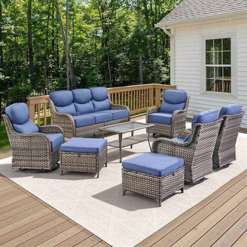 Arcadia 8-Piece Wicker Patio Conversation Set with Swivel Gliders and 6-Inch Thick Olefin Cushions